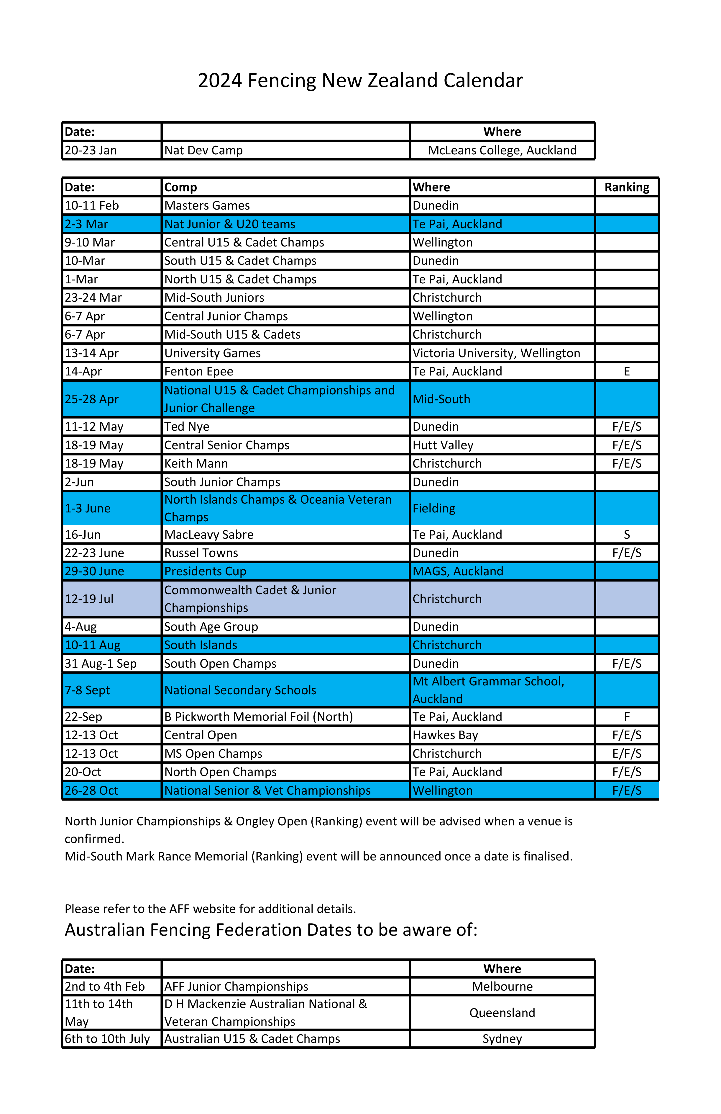 Janes version of 2024 Fencing Calendar